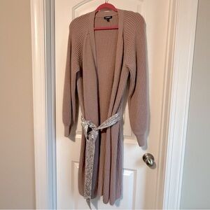 Express Mauve Ribbed Knit Sweater with Sequin Tie Belt